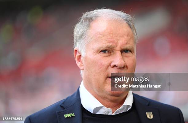 Stefan Reuter, Sporting Director of FC Augsburg looks on prior to the Bundesliga match between VfB Stuttgart and FC Augsburg at Mercedes-Benz Arena...