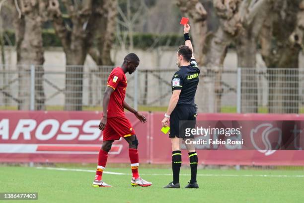 Maissa Ndiaye of AS Roma is showm the red card of the referee during the Primavera 1 match between AS Roma and FC Internazionale at Campo Agostino Di...