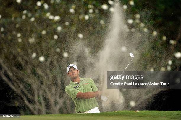 Gaganjeet Bhullar of India plays a shot during round two of the ICTSI Philippine Open at Wack Wack Golf and Country Club on February 10, 2012 in...