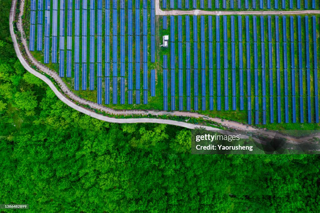 High angle view of Solar panels , agricultural landscape