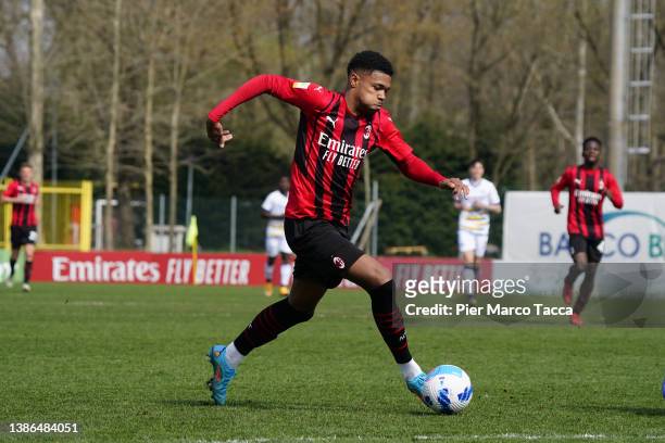 Emil Roback of AC Milan in action during the match between AC Milan U19 and Verona U19 at Campo Sportivo Vismara on March 19, 2022 in Milan, Italy.