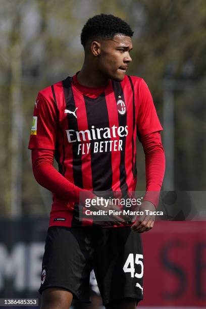 Emil Roback of AC Milan looks during the match between AC Milan U19 and Verona U19 at Campo Sportivo Vismara on March 19, 2022 in Milan, Italy.