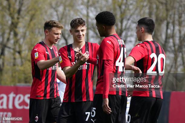 Luca Stanga, Andrea Bozzolan, Mark and Emil Roback of AC Milan celebrate during the match between AC Milan U19 and Verona U19 at Campo Sportivo...