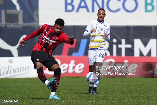 Emil Roback of AC Milan U19 shoots the ball during the match between AC Milan U19 and Hellas Verona U19 at Campo Sportivo Vismara on March 19, 2022...