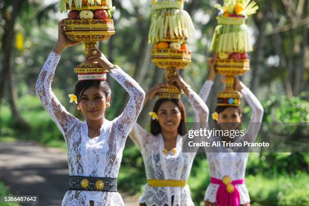 balinese women carrying gebogan for temple offering , wearing traditional clothing, religious ceremony - 頭に乗せる ストックフォトと画像