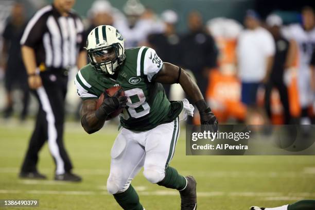 Running Back Zac Stacy of the New York Jets in action during the Philadelphia Eagles vs New York Jets game at MetLife Stadium on September 3, 2015 in...