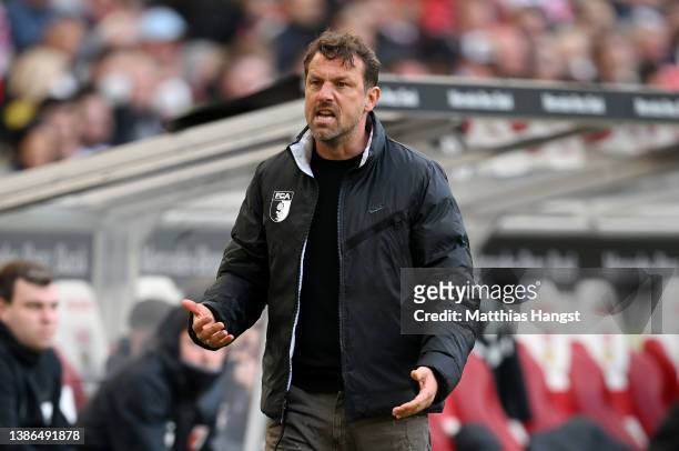 Markus Weinzierl, head coach of FC Augsburg reacts during the Bundesliga match between VfB Stuttgart and FC Augsburg at Mercedes-Benz Arena on March...