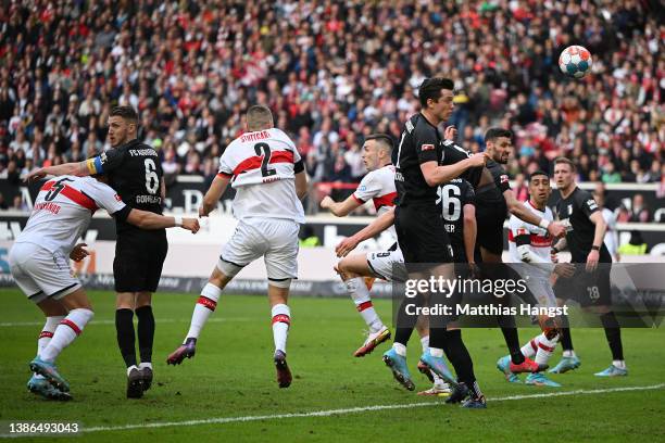 Waldemar Anton of VfB Stuttgart scores their side's first goal during the Bundesliga match between VfB Stuttgart and FC Augsburg at Mercedes-Benz...