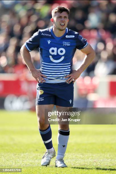 Kieran Wilkinson of Sale Sharks during the Premiership Rugby Cup match between Sale Sharks and Wasps at AJ Bell Stadium on March 19, 2022 in Salford,...