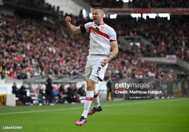 Waldemar Anton of VfB Stuttgart celebrates after scoring their side's first goal during the Bundesliga match between VfB Stuttgart and FC Augsburg at...