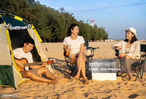 group adult joyful friends relaxing in capm chairs, drinking beer singing guitar and having fun at beach together. - drink driving stockfoto's en -beelden