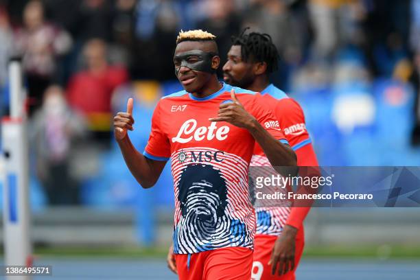 Victor Osimhen of SSC Napoli celebrates after scoring their team's second goal during the Serie A match between SSC Napoli and Udinese Calcio at...