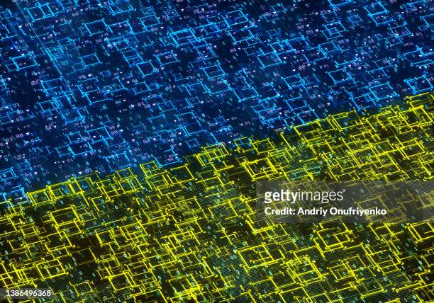 data in colour of ukrainian flag. - ukraine war stock-fotos und bilder