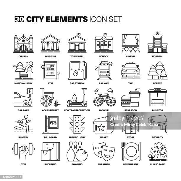 ilustrações, clipart, desenhos animados e ícones de ícones da linha dos elementos da cidade ajustados - museu