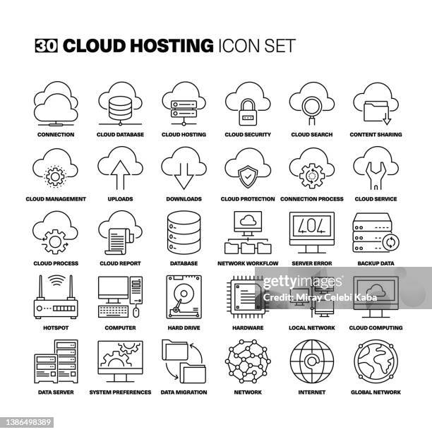 cloud hosting line icons set - server cables stock illustrations