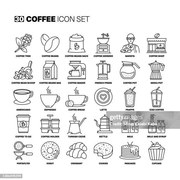 illustrazioni stock, clip art, cartoni animati e icone di tendenza di set di icone della linea del caffè - tazza