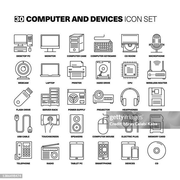 computer and devices line icons set - computer electrical plug stock illustrations