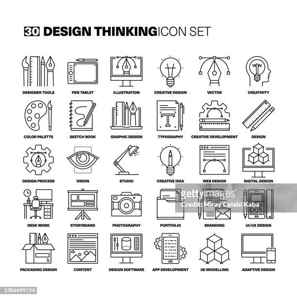 ilustraciones, imágenes clip art, dibujos animados e iconos de stock de conjunto de iconos de línea de design thinking - design professional