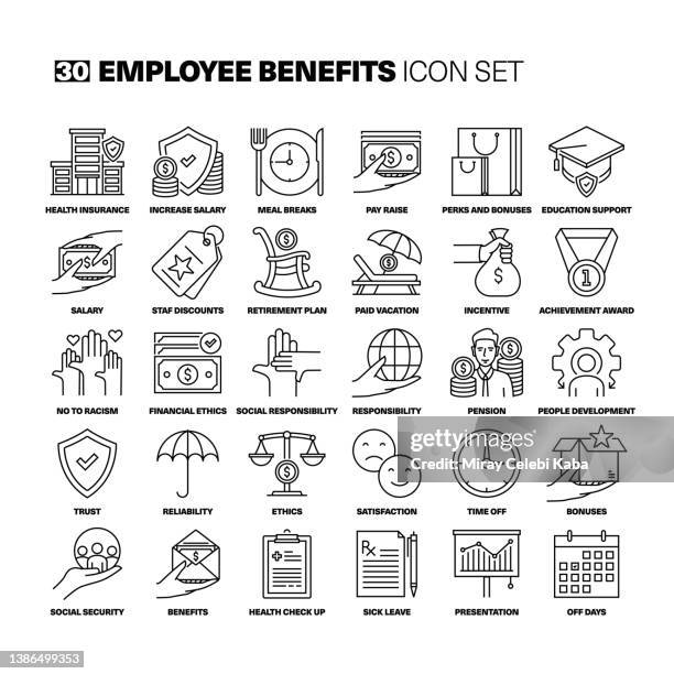 ilustraciones, imágenes clip art, dibujos animados e iconos de stock de conjunto de iconos de línea de beneficios para empleados - benefits