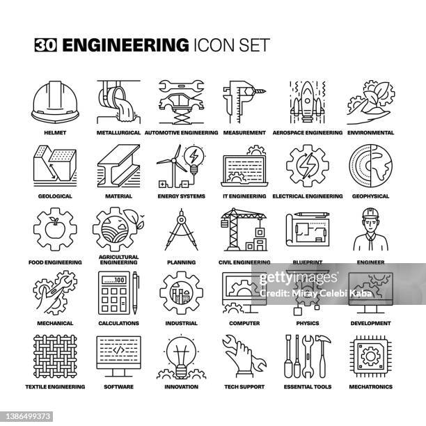 illustrazioni stock, clip art, cartoni animati e icone di tendenza di set di icone della linea di ingegneria - aerospace
