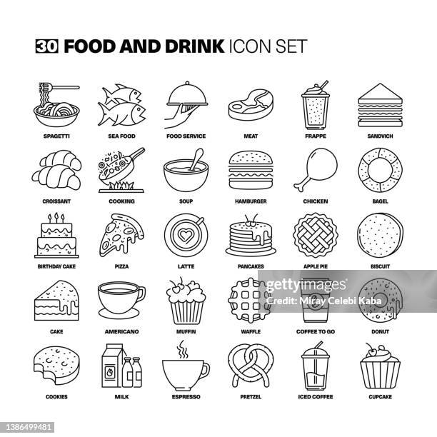 ilustraciones, imágenes clip art, dibujos animados e iconos de stock de conjunto de iconos de línea de alimentos y bebidas - waffle