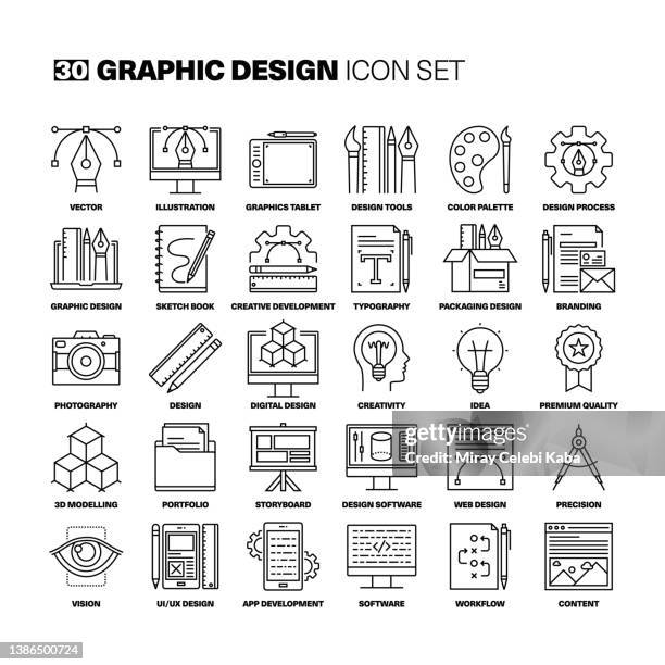 ilustrações, clipart, desenhos animados e ícones de conjunto de ícones da linha de design gráfico - desenhista gráfica