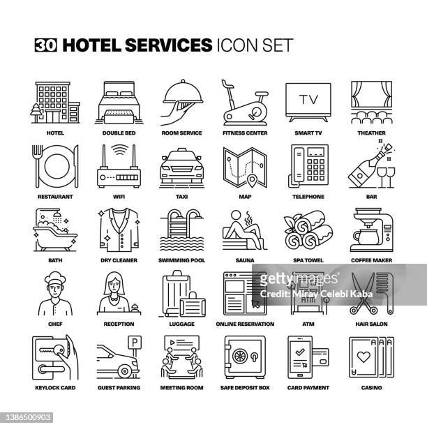 bildbanksillustrationer, clip art samt tecknat material och ikoner med hotel services line icons set - kasinoanställd