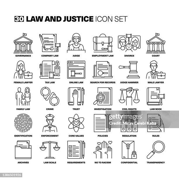 bildbanksillustrationer, clip art samt tecknat material och ikoner med law and justice line icons set - superior council