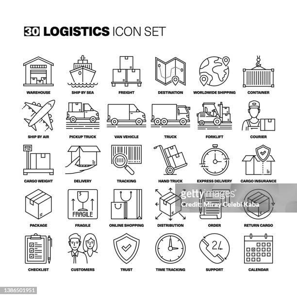 logistics line icons set - container ship stock illustrations