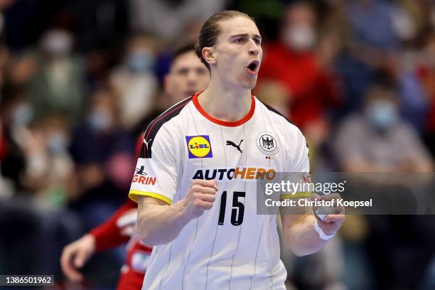 Juri Knorr of Germany celebrates a goal during the international handball friendly match between Germany and Hungary at Schwalbe Arena on March 19,...