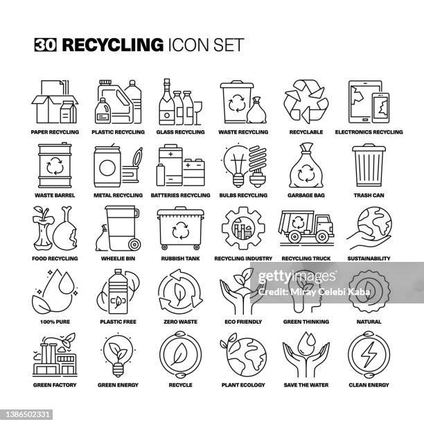 ilustrações de stock, clip art, desenhos animados e ícones de recycling line icons set - símbolo de reciclagem