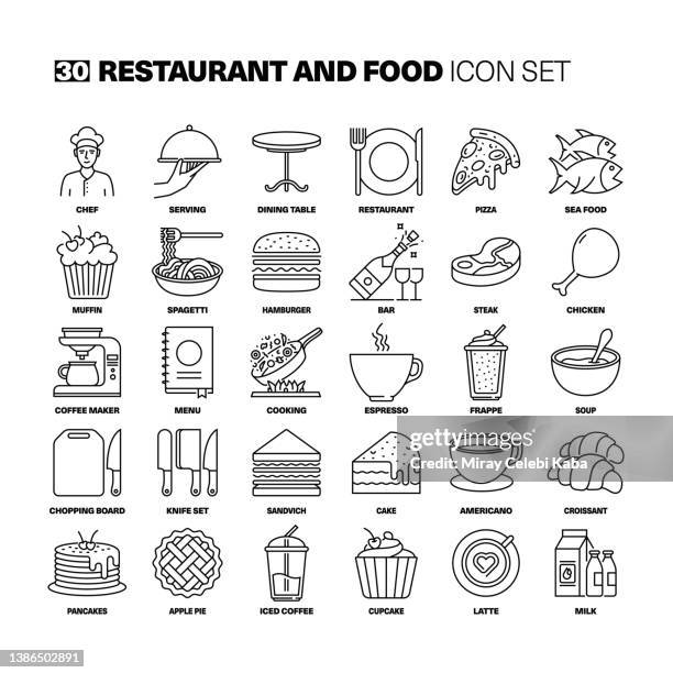 restaurant and food line icons set - soup and sandwich stock illustrations