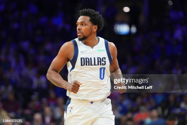 Sterling Brown of the Dallas Mavericks looks on against the Philadelphia 76ers at the Wells Fargo Center on March 18, 2022 in Philadelphia,...