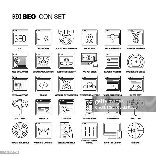 seo line icons set - engine wireframe stock illustrations