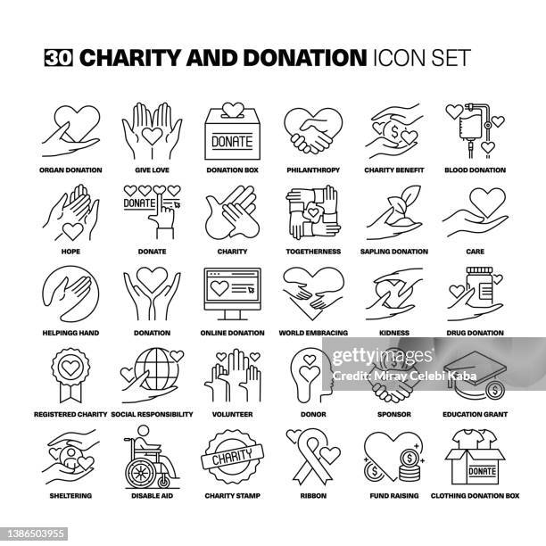 illustrazioni stock, clip art, cartoni animati e icone di tendenza di set di icone della linea di beneficenza e donazione - sponsor