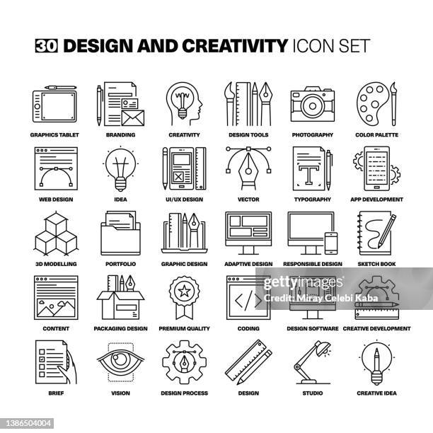 ilustrações, clipart, desenhos animados e ícones de conjunto de ícones da linha design e criatividade - desenhista gráfica