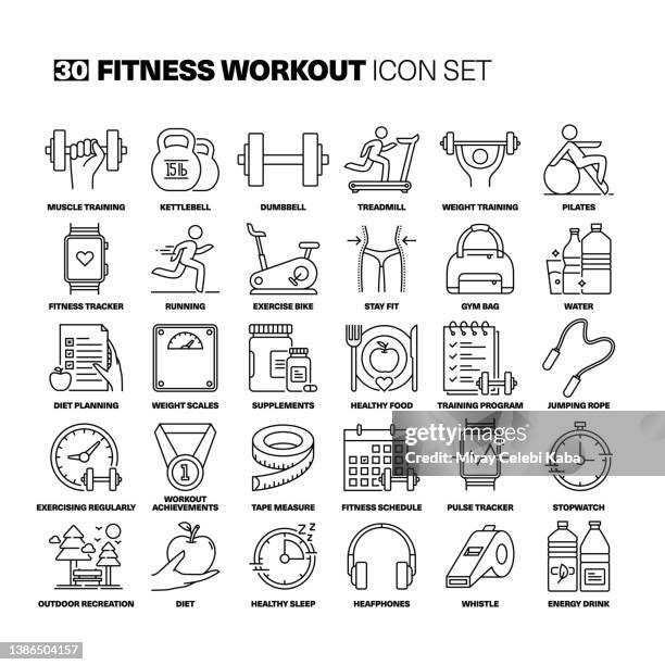 fitness workout line icons set - pilates studio stock illustrations