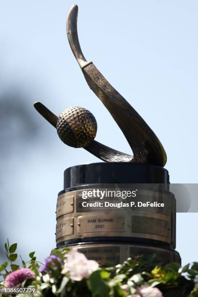 The trophy is displayed on the first tee during the third round of the Valspar Championship on the Copperhead Course at Innisbrook Resort and Golf...