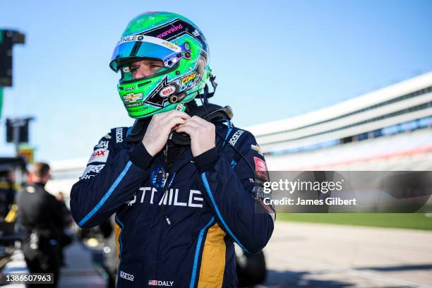 Conor Daly, driver of the BitNile Chevrolet, prepares to drive during practice for the NTT IndyCar Series XPEL 375 at Texas Motor Speedway on March...