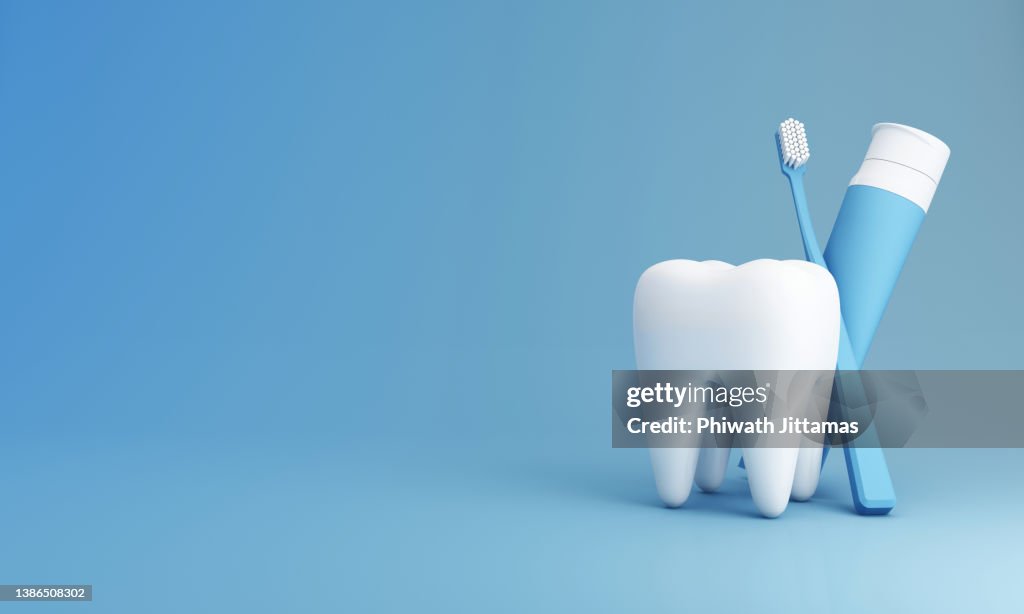 White teeth, toothbrush and toothpaste tube for product presentation isolated on blue background, in concept of Oral Health and Dental Care and Oral Care. 3d rendering