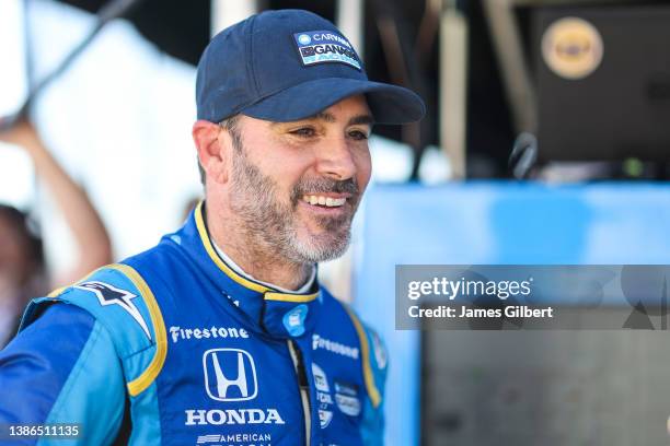 Jimmie Johnson, driver of the Carvana Chip Ganassi Racing Honda, looks on during practice for the NTT IndyCar Series XPEL 375 at Texas Motor Speedway...
