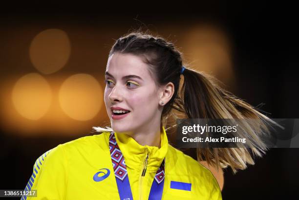 Gold Medallist Yaroslava Mahuchikh of Ukraine celebrates after winning the Women's High Jump Final during Day Two of the World Athletics Indoor...