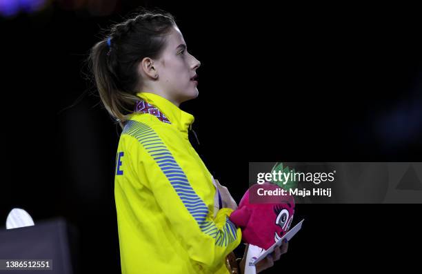 Gold Medallist Yaroslava Mahuchikh of Ukraine UKR poses during the Women's High Jump Medal Ceremony on Day Two of the World Athletics Indoor...