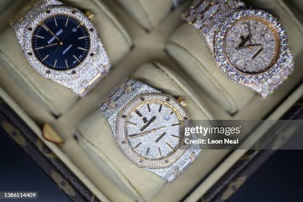 Jewel-encrusted Audemars Piguet watch is seen in a display case at the London Watch Show on March 19, 2022 in London, England. Billed as London's...
