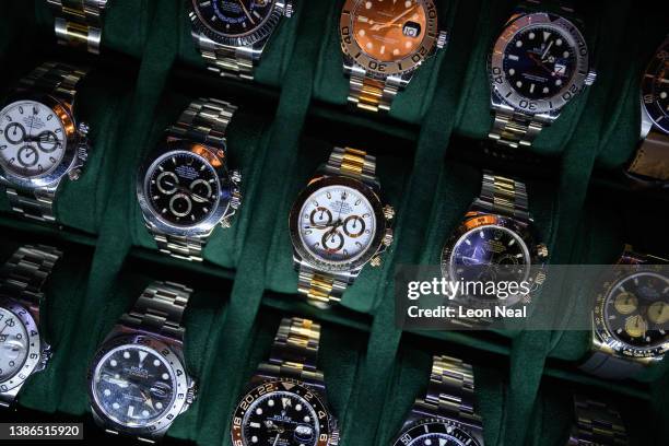 Tray of Rolex watches are seen on a dealer's stand at the London Watch Show on March 19, 2022 in London, England. Billed as London's largest ever...