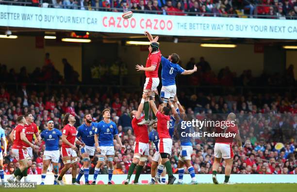 Giovanni Pettinelli of Italy and Seb Davies of Wales compete in a line out during the Six Nations Rugby match between Wales and Italy at Principality...