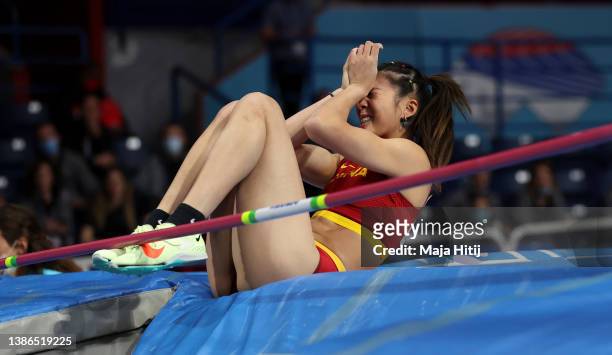 Huiqin Xu of China CHN reacts during the Women's Pole Vault on Day Two of the World Athletics Indoor Championships Belgrade 2022 at Belgrade Arena on...