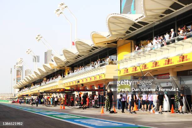General view of the pitlane during final practice ahead of the F1 Grand Prix of Bahrain at Bahrain International Circuit on March 19, 2022 in...