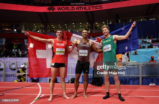 Gold Medallist Damian Warner of Canada CAN , Silver Medallist Simon Ehammer of Switzerland SUI and Bronze Medallist Ashley Moloney of Australia AUS...