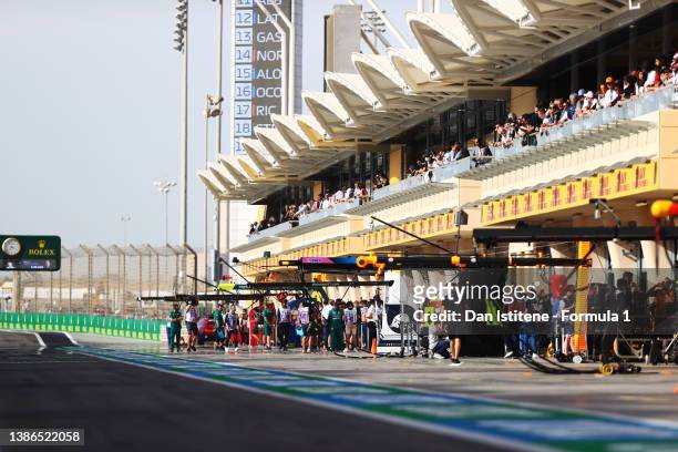 General view of the pitlane during final practice ahead of the F1 Grand Prix of Bahrain at Bahrain International Circuit on March 19, 2022 in...